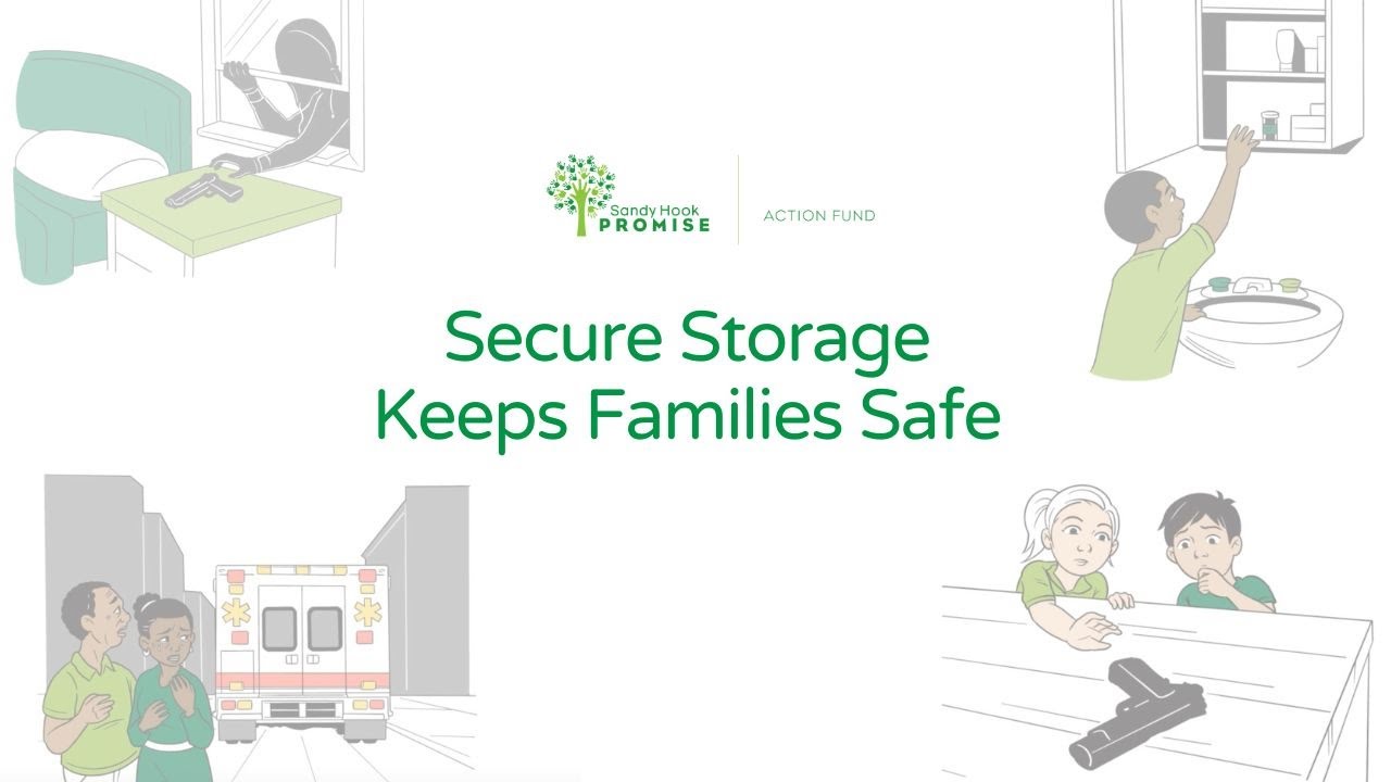 Secure Storage Keeps Families Safe. The image shows children accessing unsecured lethal means, such as medicine in an open medicine cabinet and a gun left on a table.